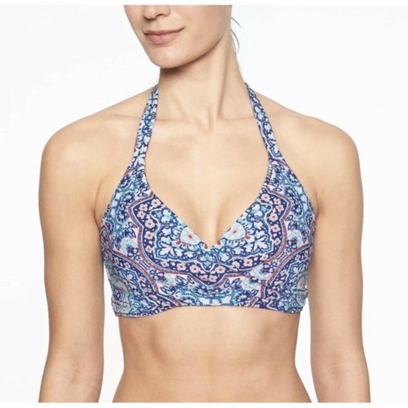 Athleta Blue Print Monaco Bra Cup Wrap Bikini Halter Swim Top  38 b/c - Picture 1 of 7